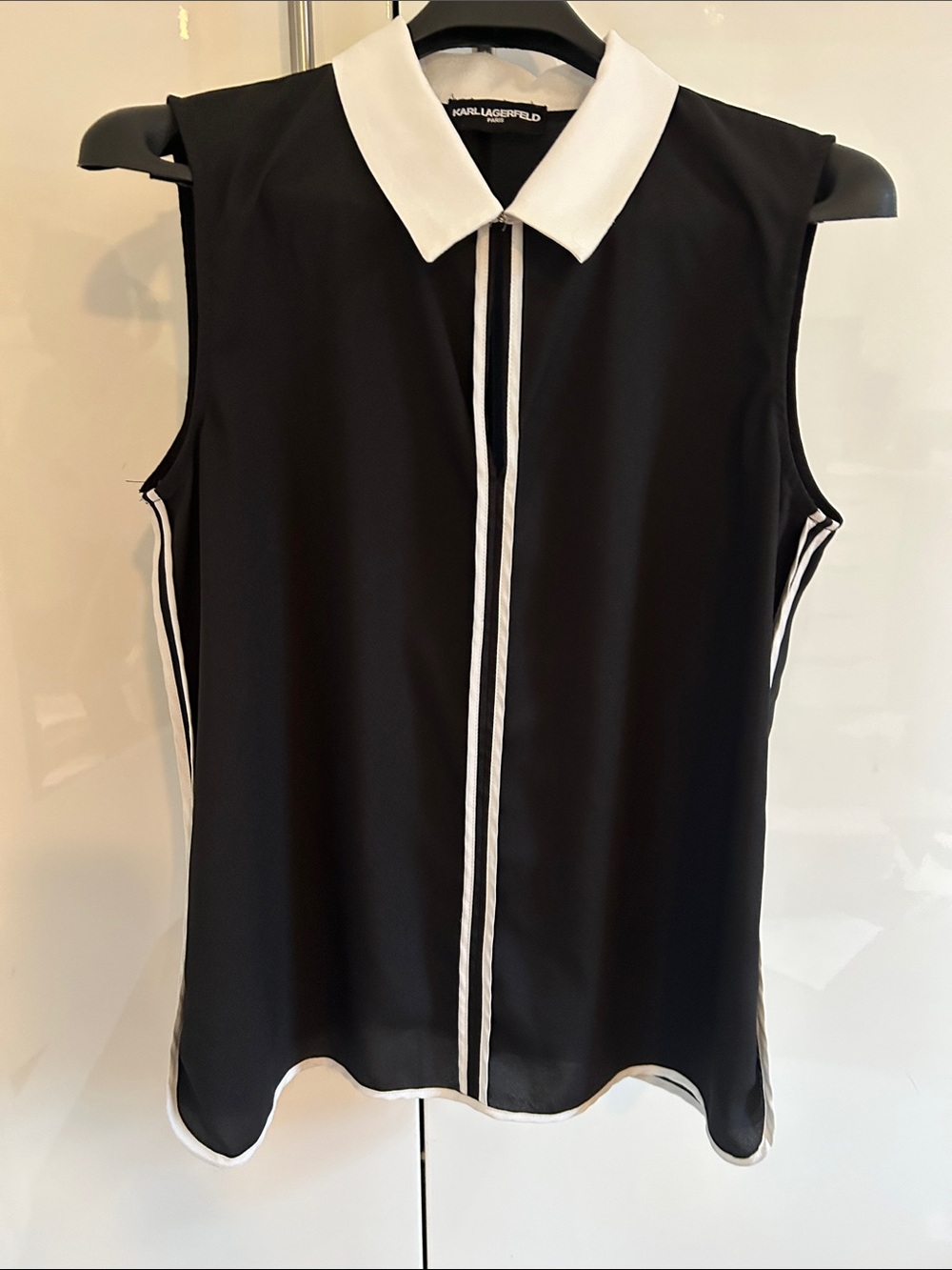 Karl Lagerfeld Black Sleeveless Collared Blouse with White Trim